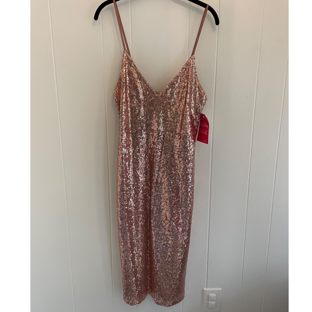 Champagne sequin spaghetti strap midi dress, new with tags!